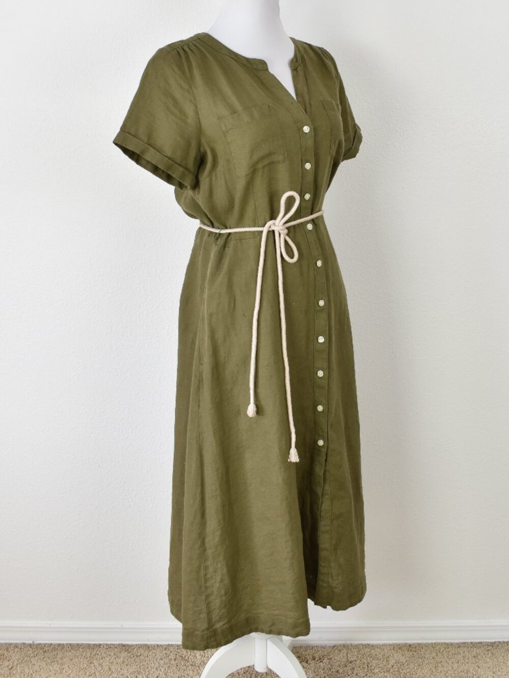 Talbots Olive Green Linen Button Down Midi Dress - 8 - Picture 6 of 9